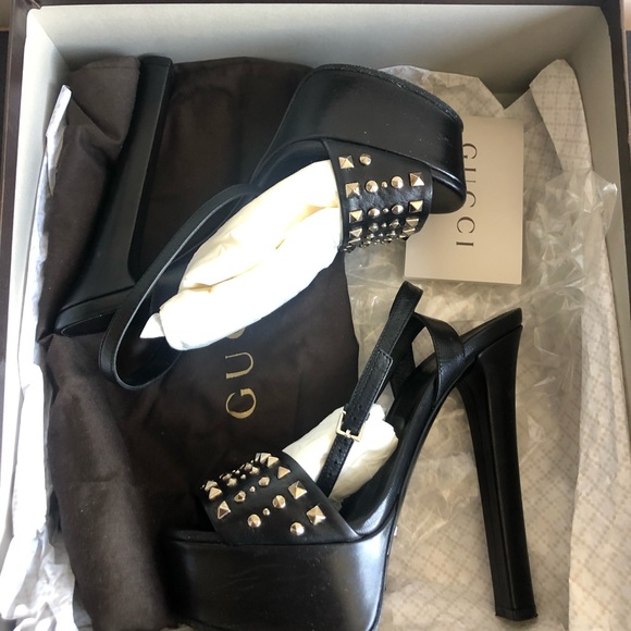 Gucci Malaga Kid studded silver, black platform sandals. Size 36.5 Made in Italy - Picture 4 of 9
